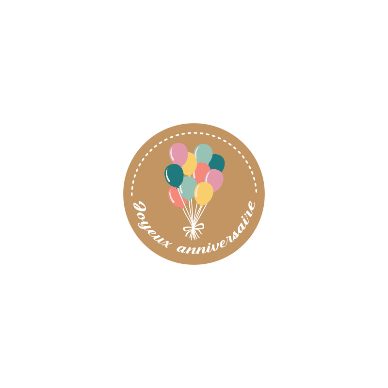 Round Kraft-coloured adhesive gift labels with Joyeux anniversaire and balloons (x500)